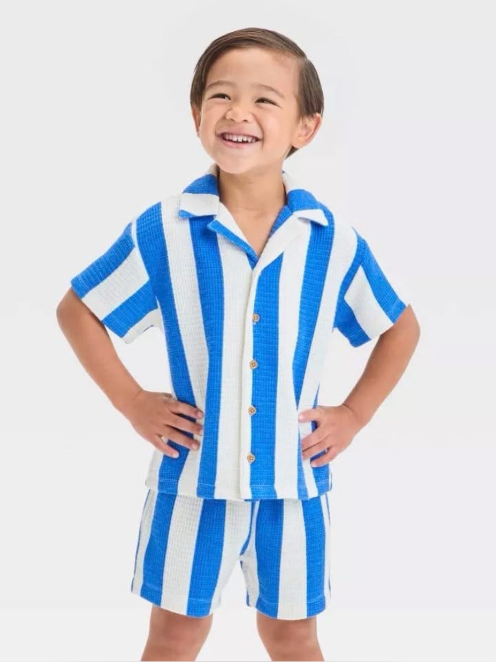 Grayson Mini Striped Blue & Cream Waffle-Knit Shirt & Short Matching Set Outfit